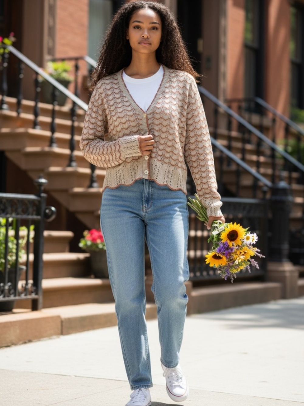PIGMENT Korea Scallop Eyelet Cardigan – Wavy Pointelle Knit in Camel/Rust